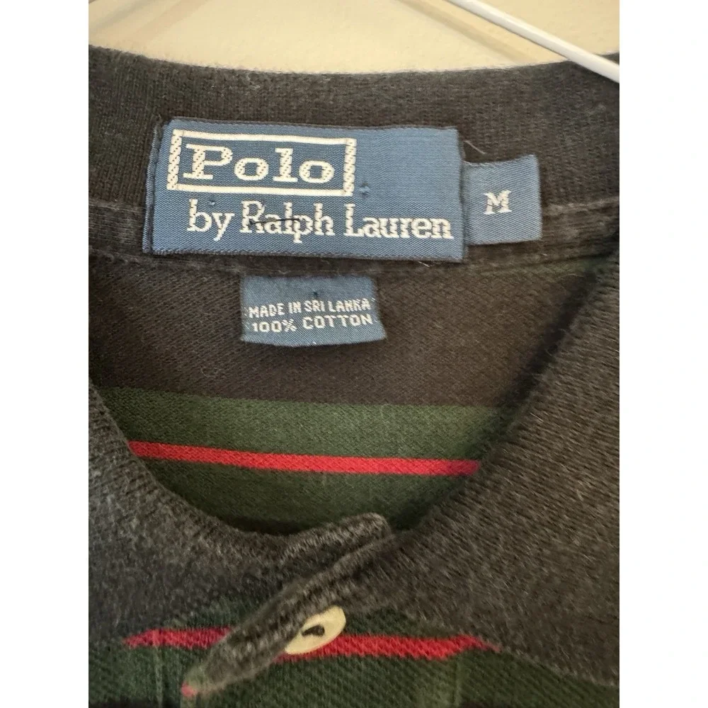 Vintage Ralph Lauren Mens M Short Sleeve Black and Green Stripe Red Pony Polo